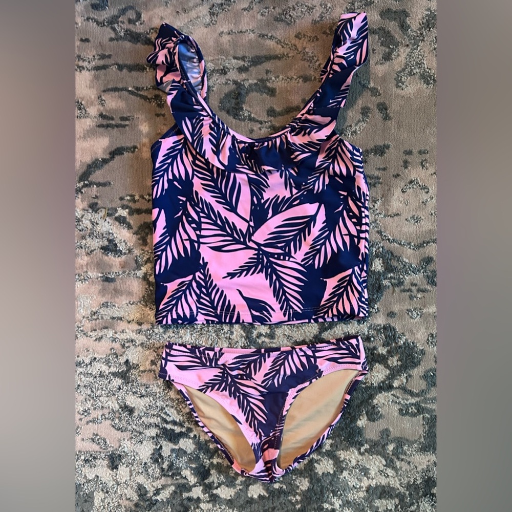 Girls Tropical Leaf Print Tankini Set